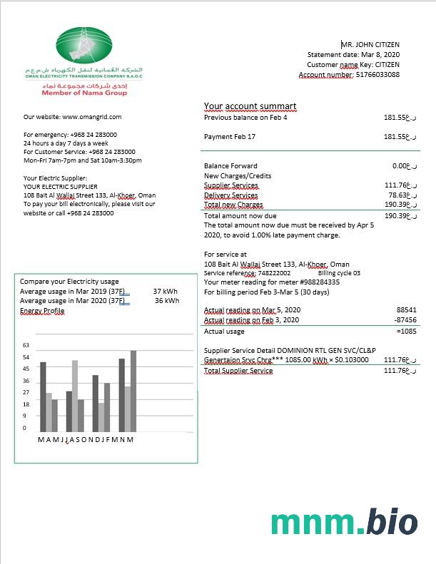 Oman Oman Electricity Transmission Firma rachunek za energię elektryczną w formacie Word